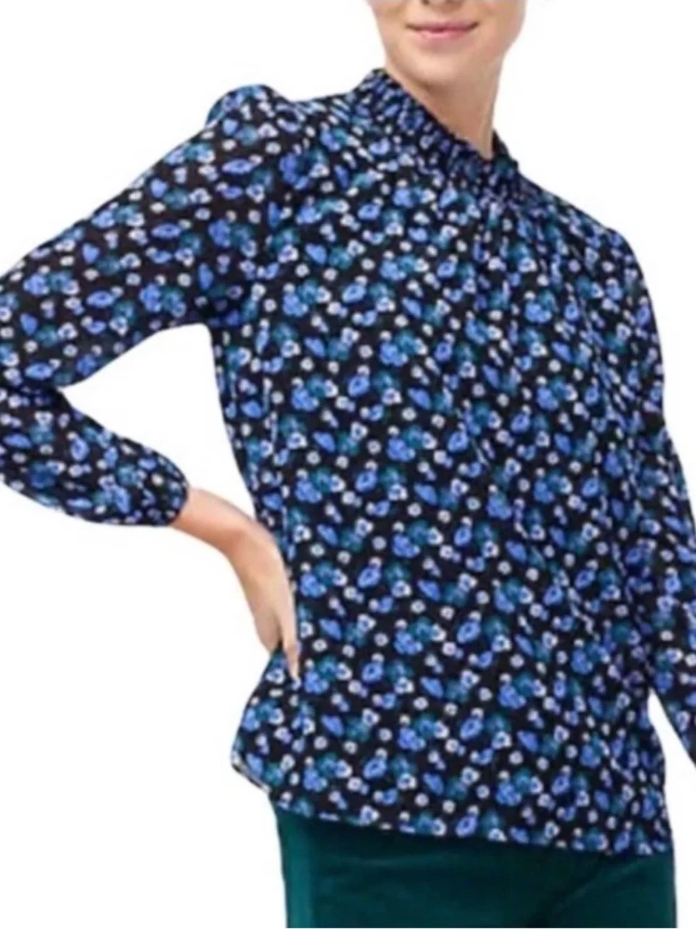 J. Crew Smocked Neck Blue Floral Long-Sleeve Women's Top
